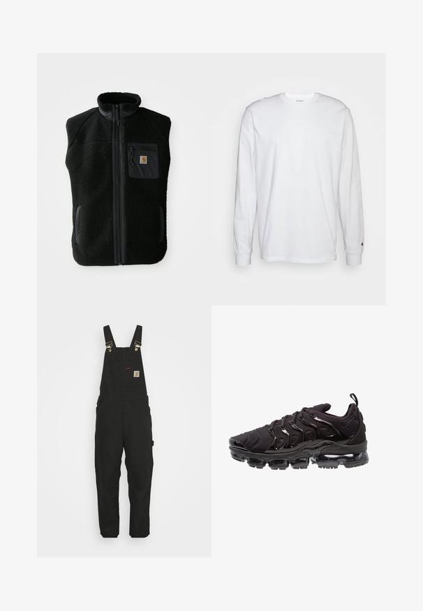 Chaleco de forro polar negro con cuello alto, cierre frontal con cremallera y un bolsillo en el pecho. Presenta un tejido texturizado y bolsillos laterales con detalles en negro.; Camiseta blanca de manga larga hecha de algodón. Diseño de cuello redondo con puños acanalados y un pequeño logo en la manga izquierda. Textura suave.; Pantalones de tirantes de algodón negros con tirantes ajustables, un bolsillo delantero con parche de logo y dos bolsillos laterales, con un corte relajado.; Zapatillas deportivas negras con una parte superior de tela texturizada, acentos brillantes y una suela prominente con amortiguación de aire. Presenta elementos de diseño en forma de onda distintivos.