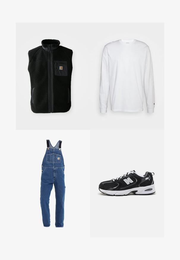 Sort fleece vest med høj krave, lynlåslynlås foran og brystlomme. Har struktureret stof og sidelommer med sorte accenter.; Hvid langærmet T-shirt lavet af bomuld. Rund halsudskæring med ribbede manchetter og et lille logo på venstre ærme. Glat tekstur.; Denim overalls i en mellemblå tone, med justerbare sorte stropper, flere lommer og metalhardware detaljer.; Sorte og grå sportssko med mesh og ruskind på overdelen, der har en hvid mellemsål, snørebånd og et iøjnefaldende "N" logo på siden.
