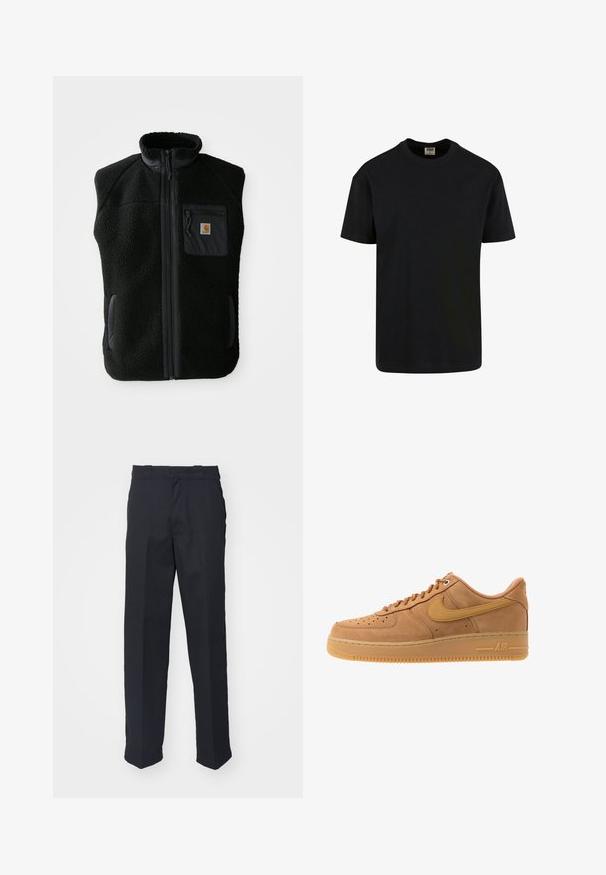 Sort fleece vest med høj krave, lynlåslynlås foran og brystlomme. Har struktureret stof og sidelommer med sorte accenter.; Urban Classics SHORTSLEEVE - T-shirts basic - black; Sorte skræddersyede bukser med lige ben, fremstillet af glat stof, med et taljebånd med løkker og uden synlige mønstre eller hardware.; Nike Sportswear AIR FORCE 1 07 - Sneakers - flax/wheat/light brown/black/team gold