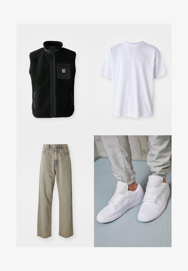 Sort fleece vest med høj krave, lynlåslynlås foran og brystlomme. Har struktureret stof og sidelommer med sorte accenter.; Hvid bomulds T-shirt med rund hals og korte ærmer. Har et diskret logo broderet i matchende farve på venstre bryst.; Lys grå brede jeans i denim, med en falmet tekstur, synlige syninger og traditionel knap- og lynlåslukning.; Hvide lædersneakers har en perforeret tåboks, flade snørebånd, polstret krave og Jordan-logoet på tungen. Båret med grå joggers.