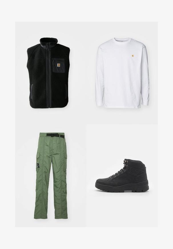 Schwarze Fleeceweste mit hohem Kragen, Frontreißverschluss und Brusttasche. Mit strukturiertem Stoff und Seitentaschen mit schwarzen Akzenten.; Weißes Langarm-T-Shirt aus Baumwolle. Mit kleinem goldenem Logo auf der Brust und Rundhalsausschnitt. Einfaches Design und normale Passform.; Cargo-Hosen in Olivgrün, aus leichtem Material gefertigt. Mit einem schwarzen Gürtel, Cargo-Taschen an den Seiten und detailverliebt genähten Nähten.; Schwarze Stiefeletten bis zur Mitte des Knöchels aus Wildleder. Mit metallischen Ösen, Schnürsenkeln und einer strukturierten Gummisohle mit verstärktem Absatz.