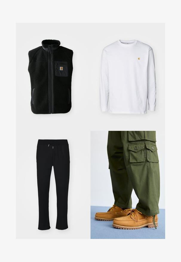 Schwarze Fleeceweste mit hohem Kragen, Frontreißverschluss und Brusttasche. Mit strukturiertem Stoff und Seitentaschen mit schwarzen Akzenten.; Weißes Langarm-T-Shirt aus Baumwolle. Mit kleinem goldenem Logo auf der Brust und Rundhalsausschnitt. Einfaches Design und normale Passform.; Schwarze Jogginghose aus weichem Stoff, mit elastischem Taillenbund und Kordelzug, Schlitz am Saum und subtiler Mustergestaltung.; Timberland AUTHENTIC 3 EYE - Bootsschuh - wheat