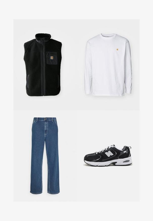 Schwarze Fleeceweste mit hohem Kragen, Frontreißverschluss und Brusttasche. Mit strukturiertem Stoff und Seitentaschen mit schwarzen Akzenten.; Weißes Langarm-T-Shirt aus Baumwolle. Mit kleinem goldenem Logo auf der Brust und Rundhalsausschnitt. Einfaches Design und normale Passform.; Blaue Jeans aus Denim mit geradem Schnitt, fünf Taschen, Metallknopfverschluss und sichtbarer Naht entlang der Nähte und des Saums.; Schwarze und graue Sportschuhe mit Obermaterial aus Mesh und Wildleder, ausgestattet mit einer weißen Zwischensohle, Schnürsenkeln und einem markanten "N"-Logo an der Seite.