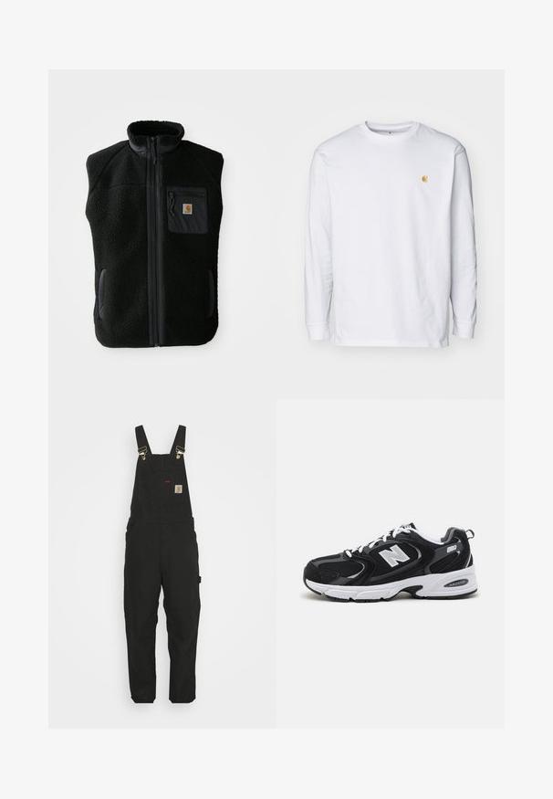 Sort fleece vest med høj krave, lynlåslynlås foran og brystlomme. Har struktureret stof og sidelommer med sorte accenter.; Hvid langærmet t-shirt lavet af bomuld. Har et lille gyldent logo på brystet og en rund halsudskæring. Enkel design og standard pasform.; Sorte bomuldsoveralls med justerbare stropper, en forlommes med logo patch og to sidelommer i en afslappet pasform.; Sorte og grå sportssko med mesh og ruskind på overdelen, der har en hvid mellemsål, snørebånd og et iøjnefaldende "N" logo på siden.