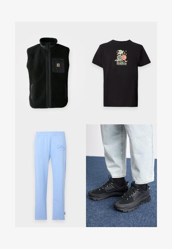 Must värvi fleece vest kõrge kraega, ees lukuga, ja rinnataskuga. Omab tekstureeritud kangast ja küljetaskuid mustade detailidega.; Must mustalane T-särk, millel on värviline graafiline trükk ananassi ja kirssidega, tekstiga "Stance Community Run Club." Lühikesed varrukad.; Heledad sinine puuvillane dressipüksid elastse vööga. Vasakul küljel on brodeeritud "Colucci" logo ja sirge jala disain.; Mustad mustad jooksukingad, millel on tekstureeritud kangas ja kummist tallad, elastsed nöörid ning sinine aksent kandadel. Kandmine heledate teksadega.