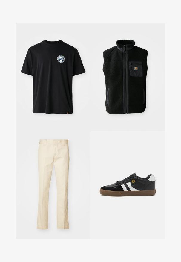 Gilet en polaire noir avec un col haut, fermeture zippée sur le devant et une poche poitrine. Présente un tissu texturé et des poches latérales avec des accents noirs.; T-shirt en coton noir avec un logo rond sur la poitrine. Manches courtes et col rond avec une coupe droite au bas.; Pantalons en coton beige à coupe droite, avec une fermeture éclair, des passants de ceinture et des poches. Texture lisse avec un minimum de détails de couture.; Baskets noir et blanc avec une tige en daim et en cuir, présentant des rayures blanches, des lacets noirs et une semelle en caoutchouc marron. Accents de logo dorés.