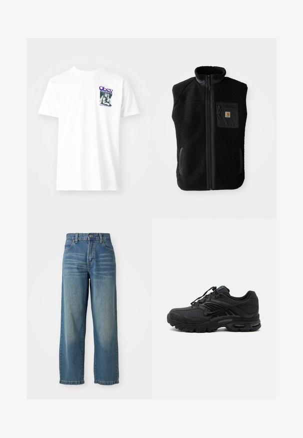 Čierny fleece vest s vysokým golierom, predným zipsom a vreckom na hrudi. Obsahuje textúrovanú tkaninu a bočné vrecká s čiernymi akcentmi.; Biely bavlnený tričko s grafickou potlačou v purpurovej farbe, zobrazujúce sediacu postavu s textom "Obey" a "Stop Worry Now!" v čiernej farbe.; Svetlo modré denimové nohavice s širokými nohavicami a vysokým pásom, s piatimi vreckami a mierne vyblednutým povrchom. Obsahujú zapínanie na gombík a zips.; Čierna atletická teniska s texturovanou tkaninou, hrubou polstrovanou podrážkou, odvetrávacími otvormi a šnurovaním, zobrazená z boku na svetlom pozadí.