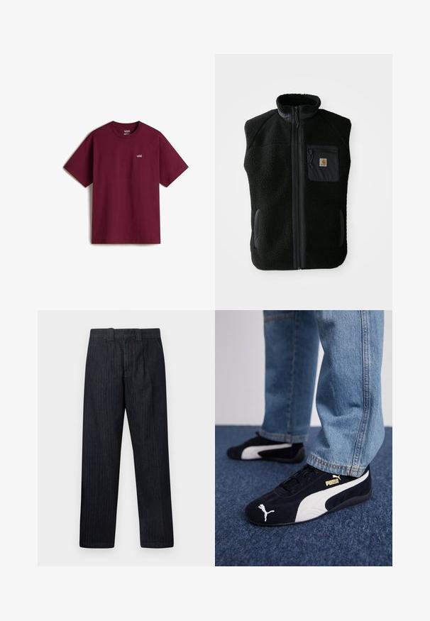 Chaleco de forro polar negro con cuello alto, cierre frontal con cremallera y un bolsillo en el pecho. Presenta un tejido texturizado y bolsillos laterales con detalles en negro.; Camiseta de algodón marrón con mangas cortas, escote redondo y pequeño logo blanco de Vans en el pecho izquierdo. Textura suave, corte holgado.; Pantalones azul oscuro de corte recto con cintura alta y trabillas, mostrados sobre un fondo blanco liso.; Zapatillas de ante negras con acentos blancos, que presentan un logo dorado. Combinadas con unos jeans de mezclilla azul claro y colocadas sobre una superficie texturizada azul.