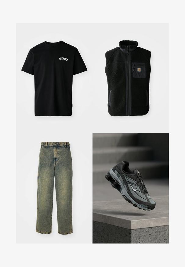 Schwarze Fleeceweste mit hohem Kragen, Frontreißverschluss und Brusttasche. Mit strukturiertem Stoff und Seitentaschen mit schwarzen Akzenten.; Schwarzes Baumwoll-T-Shirt mit kurzen Ärmeln und Rundhalsausschnitt. Mit einem weißen, geschwungenen Logo "DICKIES" auf der Brust. Schlichtes Design, ohne Muster.; Baggy-Jeans aus Denim in einer verblassten Blauen und Grünen Waschung. Mit Knopfverschluss, Gürtelschlaufen und Seitentaschen. Flaches Vorderteil und gerades Bein-Design.; Grauer und schwarzer Sportschuh mit Netzpaneelen und dicker Sohle, schwebend in der Luft über einer Betonmauer mit Treppen im Hintergrund.