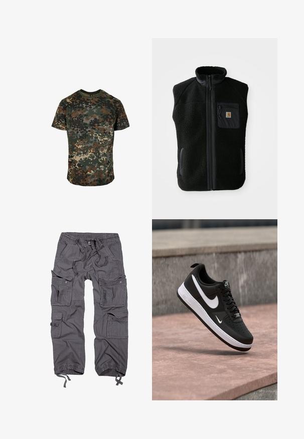 Zwarte fleece vest met hoge kraag, ritssluiting aan de voorkant en een borstzak. Heeft een textuurstof en zijzakken met zwarte accentueringen.; Camo t-shirt van katoen, met een meerkleurig patroon in groen, bruin en zwart. Ronde hals en korte mouwen.; Grijze cargobroek met meerdere zakken, trekkoord in de taille, knoopsluiting, taps toelopende boorden en een gestructureerde stofafwerking.; Zwart-witte Nike Air Force 1 sneaker zwevend boven een roze betonnen oppervlak met een achtergrond van grijze stenen.