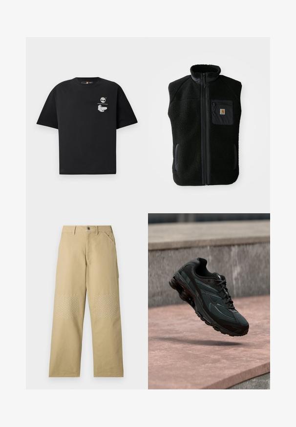 Čierny fleece vest s vysokým golierom, predným zipsom a vreckom na hrudi. Obsahuje textúrovanú tkaninu a bočné vrecká s čiernymi akcentmi.; Čierne tričko z bavlny s krátkymi rukávmi, s bielym logom a grafickým dizajnom na hrudi. Jednoduchý, voľný strih.; Khaki bavlnené nohavice so strihom rovného nohavice, ktoré majú biele krížové prešívanie na kolenných vankúšikoch a predné uzatváranie na gombík.; Čierna atletická teniska s viditeľnou medzipodrážkou s air cushioning, ktorá visí nad ružovým kamenným povrchom s pozadím sivej kamennej steny.