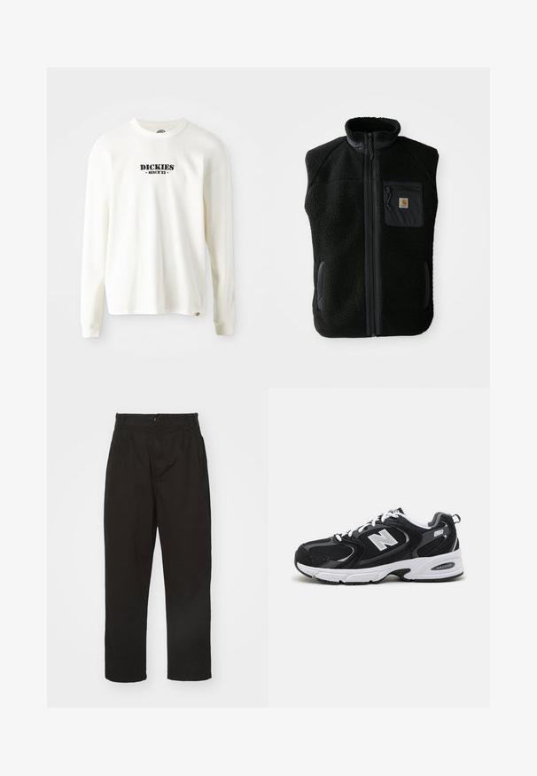 Čierny fleece vest s vysokým golierom, predným zipsom a vreckom na hrudi. Obsahuje textúrovanú tkaninu a bočné vrecká s čiernymi akcentmi.; Biely dlhý rukáv rebrovaný sveter s čiernym logom "DICKIES" a nápisom "SINCE '22" pod ním, okrúhly výstrih a manžetové rukávy.; Čierne nohavice vyrobené z hladkej látky, s gombíkovým zapínaním, rovného strihu a s dvoma prednými záhybmi pre pridanie detailu.; Čierne a šedé športové topánky s hornou časťou z mikrovlákna a zamatu, s bielou medzipodrážkou, šnúrkami a výrazným logom "N" na boku.