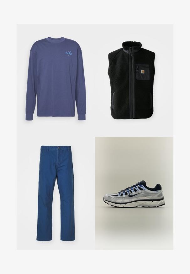Čierny fleece vest s vysokým golierom, predným zipsom a vreckom na hrudi. Obsahuje textúrovanú tkaninu a bočné vrecká s čiernymi akcentmi.; Dlhý rukáv, tmavomodré tričko s dlhým rukávom vyrobené z bavlny, s malým modrým vyšitým logom "nike" na ľavej hrudi. Okrouhly výstrih a ribbované manžety.; Modré bavlnené nohavice z twillu s rovnými nohavicami, vybavené gombíkovým zapínaním a bočnými vreckami. Hladká textúra, žiadne viditeľné vzory alebo akcenty.; Svetlošedá a čierna bežecká obuv Nike s modrými akcentmi, bielou podrážkou a textom "P-6000" na bočnej strane päty.