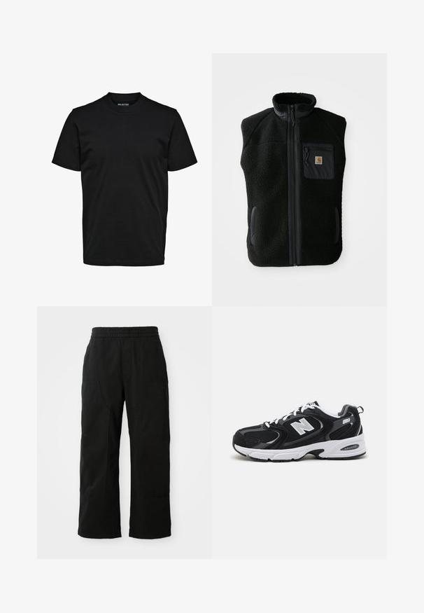 Chaleco de forro polar negro con cuello alto, cierre frontal con cremallera y un bolsillo en el pecho. Presenta un tejido texturizado y bolsillos laterales con detalles en negro.; Camiseta negra lisa de manga corta con cuello redondo, ajuste regular y sin patrones ni logotipos visibles.; Pantalones de algodón negros con una cinturilla elástica, diseño de pierna ancha y grandes bolsillos laterales. La tela parece suave con una textura lisa.; Zapatillas deportivas en negro y gris con parte superior de malla y ante, que cuentan con una entresuela blanca, cordones y un llamativo logo "N" en el lateral.