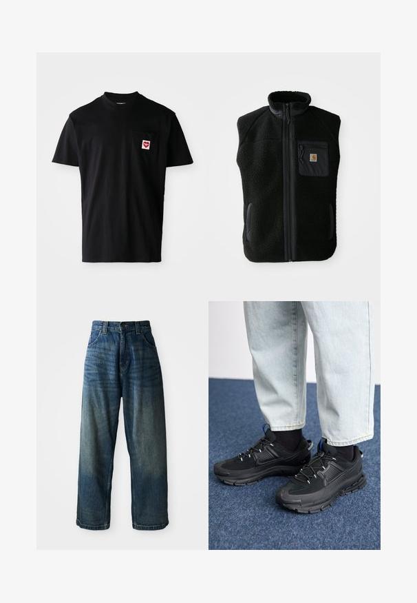 Schwarze Fleeceweste mit hohem Kragen, Frontreißverschluss und Brusttasche. Mit strukturiertem Stoff und Seitentaschen mit schwarzen Akzenten.; Schwarzes Baumwoll-T-Shirt mit rundem Halsausschnitt, kurzen Ärmeln und einer linken Brusttasche, die mit einem roten Herz-Patch und weißem Text versehen ist.; Weite blaue Denim-Jeans mit einem verwaschenen Finish. Verfügt über fünf Taschen, einen Knopfverschluss und kontrastierende Nähte. Schwergewichtiges Material.; Schwarze Sportschuhe aus strukturiertem Stoff mit Gummisohlen, ausgestattet mit elastischen Schnürsenkeln und einem blauen Akzent an der Ferse. Getragen mit hellen Jeans.