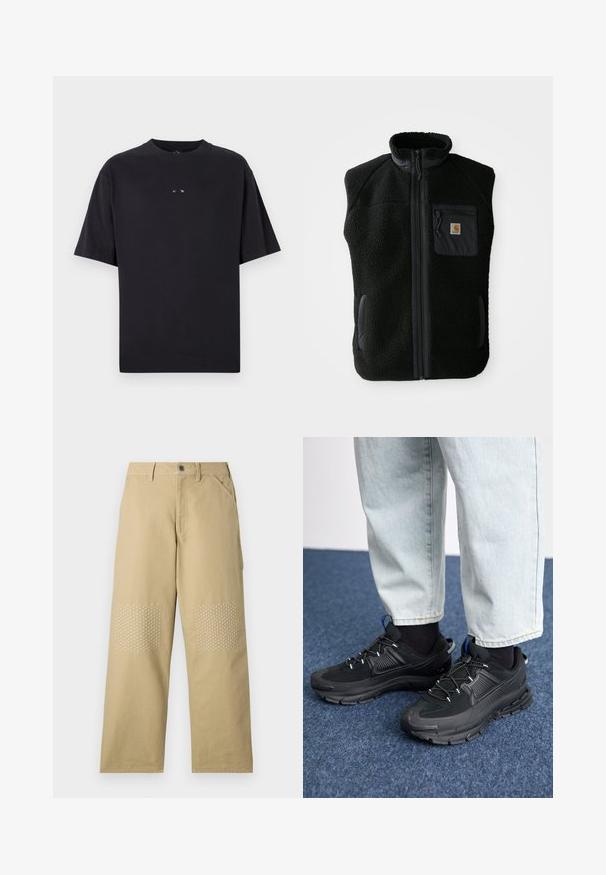 Schwarze Fleeceweste mit hohem Kragen, Frontreißverschluss und Brusttasche. Mit strukturiertem Stoff und Seitentaschen mit schwarzen Akzenten.; Oakley RISE TEE - T-Shirt basic - blackout; Khakifarbene Baumwollhosen mit geradem Bein, versehen mit weißen Kreuzstichen auf den Knie-Patches und einem Frontknopfverschluss.; Schwarze Sportschuhe aus strukturiertem Stoff mit Gummisohlen, ausgestattet mit elastischen Schnürsenkeln und einem blauen Akzent an der Ferse. Getragen mit hellen Jeans.