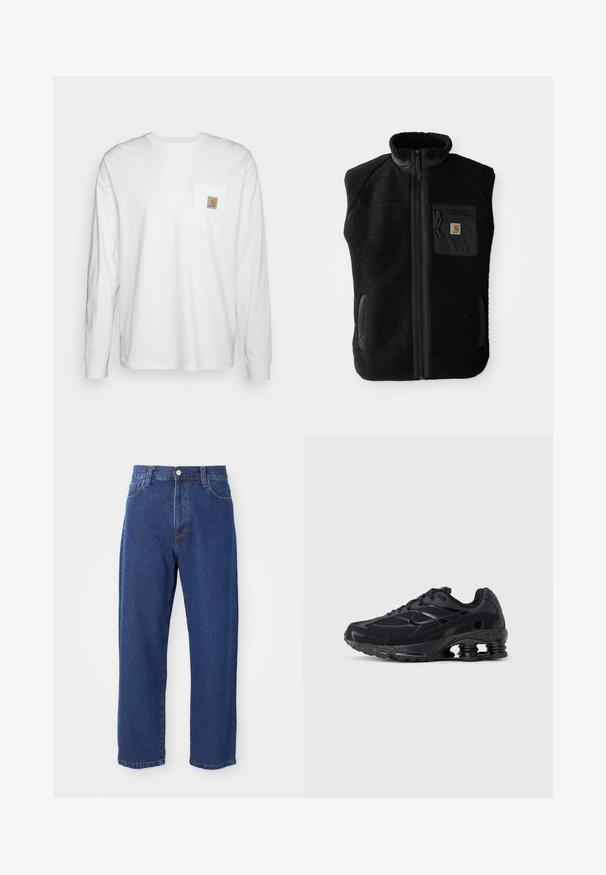 Chaleco de forro polar negro con cuello alto, cierre frontal con cremallera y un bolsillo en el pecho. Presenta un tejido texturizado y bolsillos laterales con detalles en negro.; Camisa blanca de manga larga hecha de algodón, con un bolsillo en el pecho que lleva un parche de logo cuadrado. Diseño sencillo con escote redondeado y mangas con puños.; Vaqueros de tiro alto de algodón, con una silueta de pierna recta, costuras visibles y un cierre de botón en la parte delantera.; Zapatilla deportiva negra con parte superior de malla, cuello acolchado y tecnología de amortiguación prominente en el talón. Presenta detalles texturizados y cordones.