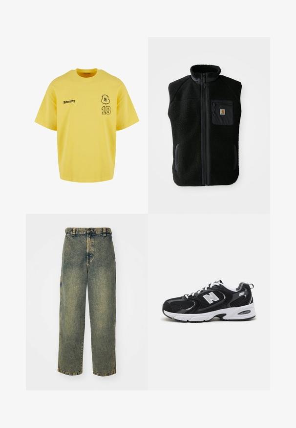 Gilet en polaire noir avec un col haut, fermeture zippée sur le devant et une poche poitrine. Présente un tissu texturé et des poches latérales avec des accents noirs.; T-shirt en coton jaune à col rond, à manches courtes, ornée du texte imprimé en noir "Reternity" et du numéro "18" avec un accent décoratif.; Jeans en denim ample avec un délavage bleu et vert. Comprend une fermeture à bouton, des passants de ceinture et des poches latérales. Pas de pli à l'avant et design à jambe droite.; Baskets de sport noires et grises avec un tige en mesh et en suède, présentant une semelle intermédiaire blanche, des lacets et un logo "N" audacieux sur le côté.