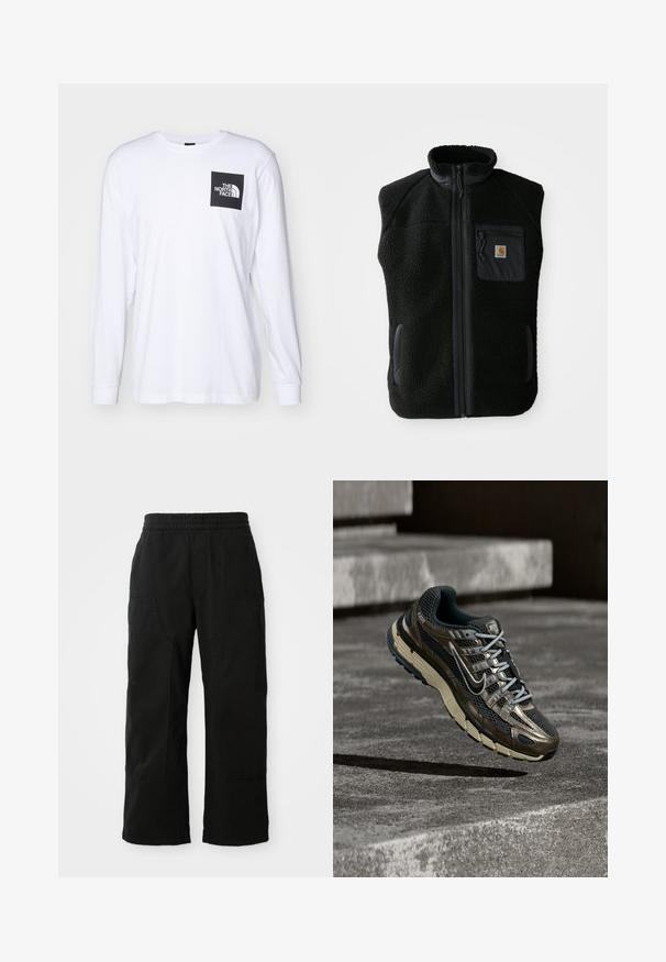 Sort fleece vest med høj krave, lynlåslynlås foran og brystlomme. Har struktureret stof og sidelommer med sorte accenter.; Hvid langærmet t-shirt med sort firkantet logo, der står "The North Face" på venstre overarm.; Sorte bomuldsbukser med elastisk talje, vid bendesign og store sidelommer. Stoffet virker blødt med en glat tekstur.; Mørk metallisk og sort Nike løbesko med beige sål, der svæver over grå betontrapper.