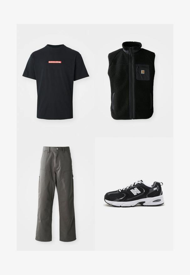 Zwarte fleece vest met hoge kraag, ritssluiting aan de voorkant en een borstzak. Heeft een textuurstof en zijzakken met zwarte accentueringen.; Zwarte t-shirt met korte mouwen en een klein rood en wit Quiksilver-logo gecentraliseerd op de borst, weergegeven tegen een effen witte achtergrond.; Grijze cargobroek met een recht model, voorzien van twee voorzakken en extra zijzakken voor opslag. Gemaakt van duurzame stof.; Zwarte en grijze sport schoenen met een bovenwerk van mesh en suede, voorzien van een witte tussenzool, veters en een gedurfde "N"-logo aan de zijkant.