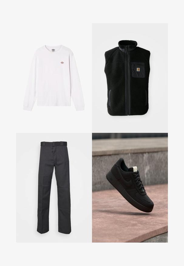 Čierny fleece vest s vysokým golierom, predným zipsom a vreckom na hrudi. Obsahuje textúrovanú tkaninu a bočné vrecká s čiernymi akcentmi.; Biely dlhý rukáv tričko vyrobené z bavlny. Má malé okrúhle multicolor logo na hrudi. Jednoduchý dizajn s rebrovanými manžetami.; Čierne nohavice z odolnej tkaniny, s rovnými nohavicami, pásom s pútkami na opasok a švami pre zvýraznenie textúry.; Čierna teniska Nike Air Force 1 plávajúca nad ružovým betónovým okrajom so sivým kamenným pozadím, zobrazujúca bočné a horné detaily.