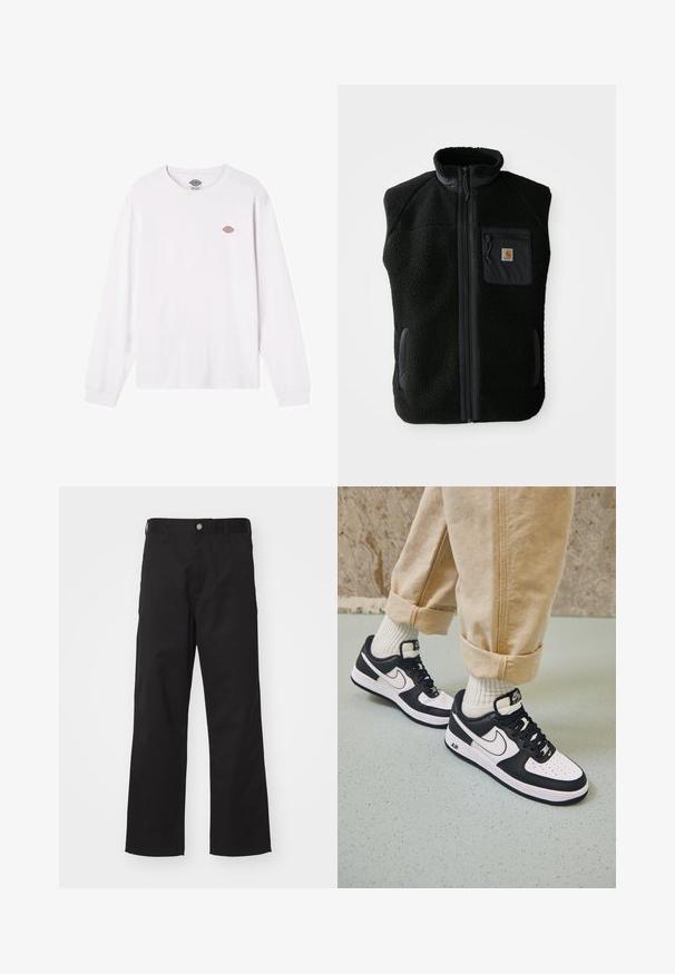 Čierny fleece vest s vysokým golierom, predným zipsom a vreckom na hrudi. Obsahuje textúrovanú tkaninu a bočné vrecká s čiernymi akcentmi.; Biely dlhý rukáv tričko vyrobené z bavlny. Má malé okrúhle multicolor logo na hrudi. Jednoduchý dizajn s rebrovanými manžetami.; Čierne nohavice vyrobené z odolnej látky so zarovnaným strihom, s predným zapínaním na gombík, pások na opasok a bez viditeľných vzorov alebo akcentov.; Čierno-biele tenisky Nike Air Force 1 s koženým zvrškom, perforovanou špičkou a textúrovanou podrážkou, kombinované s ohrnutými béžovými nohavicami a bielymi ponožkami.