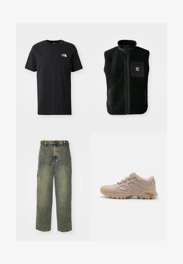 Schwarze Fleeceweste mit hohem Kragen, Frontreißverschluss und Brusttasche. Mit strukturiertem Stoff und Seitentaschen mit schwarzen Akzenten.; Schwarzes Baumwoll-T-Shirt mit kurzen Ärmeln und Rundhalsausschnitt, mit einem kleinen weißen Logo auf der linken Brust. Weicher Stoff, lässige Passform.; Baggy-Jeans aus Denim in einer verblassten Blauen und Grünen Waschung. Mit Knopfverschluss, Gürtelschlaufen und Seitentaschen. Flaches Vorderteil und gerades Bein-Design.; Beige Sport Schuh mit einem strukturierten Mesh-Obermaterial, synthetischen Überzügen und einer Vibram-Sohle. Verfügt über ein Schnürsystem und seitliche Paneeldetails.