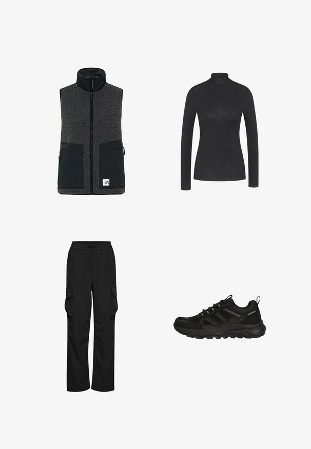 Chaleco de forro polar en gris oscuro con un cuello alto, cremallera frontal, bolsillos de nailon negro y un parche con logo en la parte inferior derecha.; Camisa negra de manga larga con cuello alto hecha de tela suave, con un ajuste Slim y un diseño minimalista sin patrones o acentos visibles.; Pantalones cargo negros con un corte relajado, que cuentan con dos bolsillos laterales y dos bolsillos de carga. Fabricados con una tela ligera y duradera.; Zapato deportivo negro impermeable con parte superior de malla texturizada, suela de goma, cordones elásticos y mínimos acentos reflectantes para una mayor visibilidad.