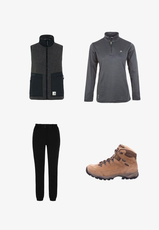 Fleecevest i mørkegrå med høj krave, frontlynlås, sorte nylonlommer og et logo-patch nederst til højre.; North Bend MIDLAYER - Langærmet T-shirt - black; Sorte bukser med elastisk talje, to sidelommer med lynlås og tapered ben med elastiske mansjetter. Lavet af et glat, holdbart materiale.; Tan vandrestøvle lavet af ruskind og syntetisk materiale med høj ankel, snørebånd foran og gummisål med dybe såler for godt greb.