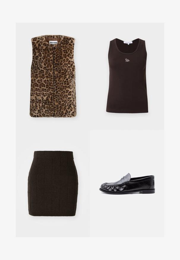 Varrukateta kunstkarusnahast vest pruuni ja musta leopardimustriga ja ümar kaelus, DKNY Jeans silt krae sees.; Tumepruun soonikkoes varrukateta top, millel on väike valge rebaste logo kaela all keskel, suuruse silt nähtav krae sees.; Kootud tumepruun mini seelik tekstureeritud, kootud mustriga ja sobiva vöökohtaga. Kahandatud äär on lisa detailiks ribadeta.; Meeste mustast nahast mokassiinid taskurihma ja detailse tikandiga ümara nina, lameda tallaga ja madala kontsaga.