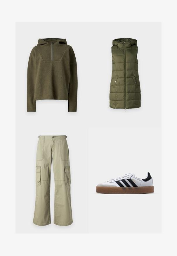 Padded Weste in Olivgrün mit Kapuze, ausgestattet mit einem Frontreißverschluss, zwei seitlichen Taschen mit Druckknöpfen und gesteppter Textur.; Olivgrüner Fleece-Pullover mit Kapuze, halbem Reißverschluss vorne, strukturiertem Stoff und kontrastierenden Besätzen am Saum und den Bündchen.; Khakifarbene Cargo-Hosen mit entspannter Passform, ausgestattet mit zwei Seitentaschen, einem vorderen Knopfverschluss und weiten Beinen. Baumwollstoff mit glatter Textur.; Weiße Leder Sneakers mit schwarzen Streifen, Gummigummi-Außensohle, runder Zehenform, Schnürverschluss und weichem grauem Wildleder-Zehenkappe.