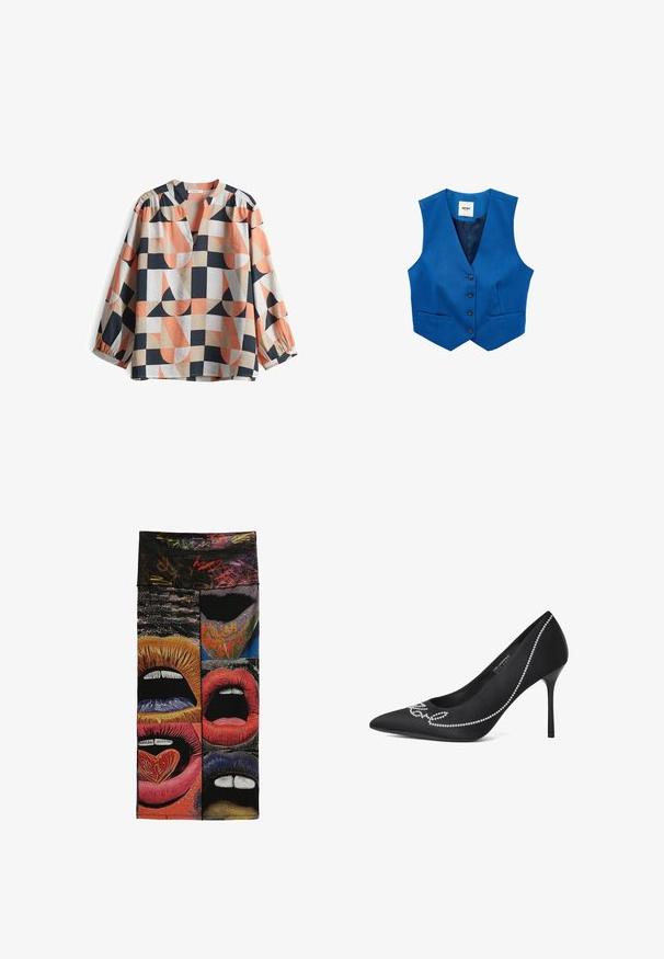 Blauw op maat gemaakt vest met vier knopen, V-hals, twee voorzakken en een gladde voering aan de binnenkant.; Langsleeve, kleurgebroken blouse met geometrische patronen in koraal, marineblauw, crèmekleurig en beige. Gemaakt van lichtgewicht stof met een v-hals.; Kleurrijk stoffenpaneel met zes grafische close-ups van open lippen in verschillende kleuren en patronen, waaronder een hartvormig voorwerp op een tong.; Zwarte puntige stiletto hak schoen met parelachtige kralen details langs de zijkanten en teen gebied.