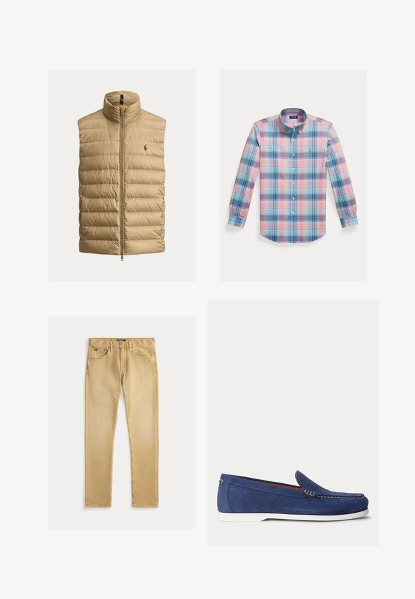 Beige doorgestikte mouwloze bodywarmer met ritssluiting aan de voorkant en hoge kraag, met een klein geborduurd donker logo op de borst.; Katoenen overhemd met knopen en een meerkleurig geruit patroon in roze, blauw en groen. Voorzien van een spreidkraag en lange mouwen.; Beige katoenen jeans met een slim fit, vijf zakken en zichtbare stiksels. Voorzien van een metalen knoop en label op de tailleband.; Blauwe suède loafer met witte zool en beige stiksels langs de bovenrand, afgebeeld tegen een effen witte achtergrond.