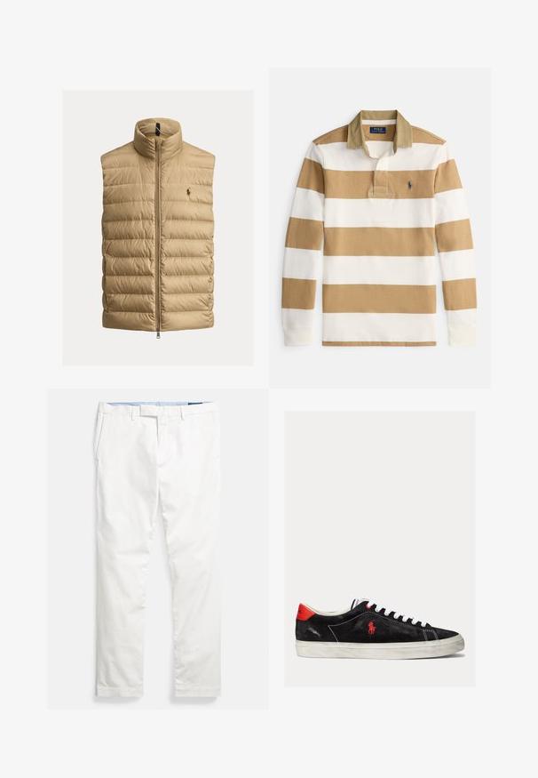 Beež tikitud varrukateta vest esiluku ja kõrge kraega, rinnal väike helesinine tikandiga logo.; Beežide ja valgete laia triibulise pika varrukaga ragbi särk beežika krae ning Polo Ralph Laureni logoga vasakul rinnal.; Valged puuvillased chinos-püksid, millel on lame eesmine osa, vööaasad, küljetaskud ja sile tekstuur, sinise sisemise vöörihmaga.; Mustmustest mustad valged paelad, punased aktsendid kanna juures ja väike punane logo. Omab lame kummitalda ja lihtsat õmblust.