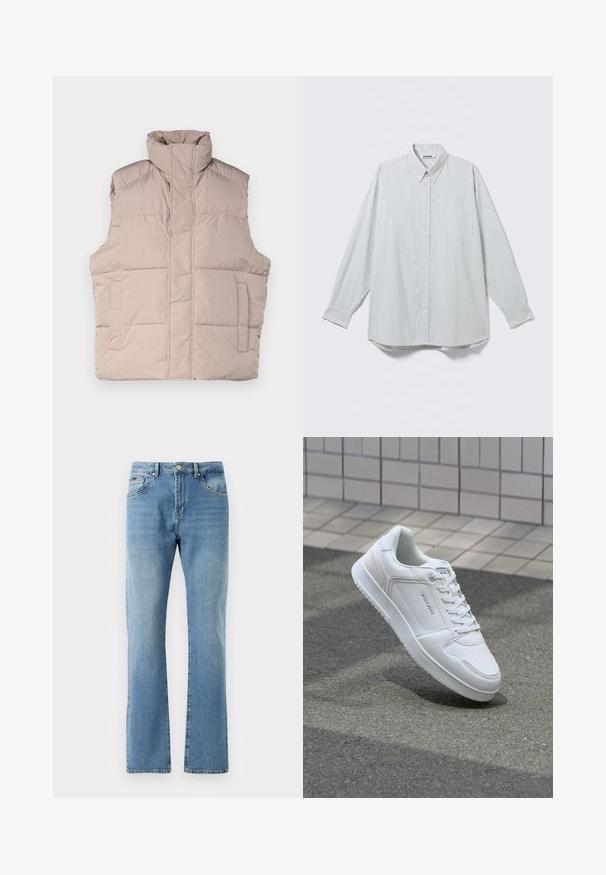 Beige Puffer-Weste mit hohem Kragen, ärmellosem Design, frontaler Reißverschluss und zwei aufgesetzten Taschen. Glatte, gestepptes Textur.; Weißes, langärmliges Hemd mit Knopfleiste, dünnen schwarzen vertikalen Streifen und einer Brusttasche, flach auf hellem Hintergrund liegend dargestellt.; Hellblaue Jeans aus Denim mit geradem Schnitt, fünf Taschen und subtiler Abnutzung. Mit einem klassischen Taillenbund und geradem Saum an den Knöcheln.; Weiße Sneaker mit glattem Leder-Obermaterial, perforierter Zehenpartie für Atmungsaktivität und strukturiertem Seitenpanel. Leichte Gummisohle. Schnürdesign.