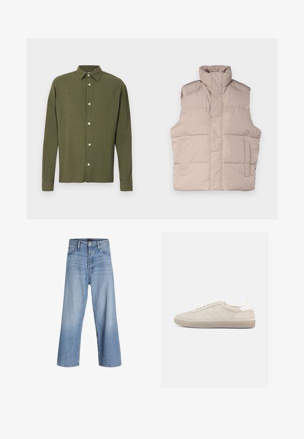 Beige Puffer-Weste mit hohem Kragen, ärmellosem Design, frontaler Reißverschluss und zwei aufgesetzten Taschen. Glatte, gestepptes Textur.; Olivgrünes Hemd mit langen Ärmeln, Knopfleiste, spitzem Kragen und subtiler Struktur im Stoffmuster, vor einfarbigem Hintergrund dargestellt.; Hellblaue Denim-Weite-Beine-Jeans mit hoher Taille, ausgestattet mit einer Knopfleiste, einem Fünf-Taschen-Design und subtiler Ausbleichung. Sauberer Saumabschluss.; Beiger Wildleder-Sneaker mit strukturiertem Obermaterial, glattem weißen Fersenbereich, dünnen Schnürsenkeln und Gummisohle. Verfügt über ein flaches Design.