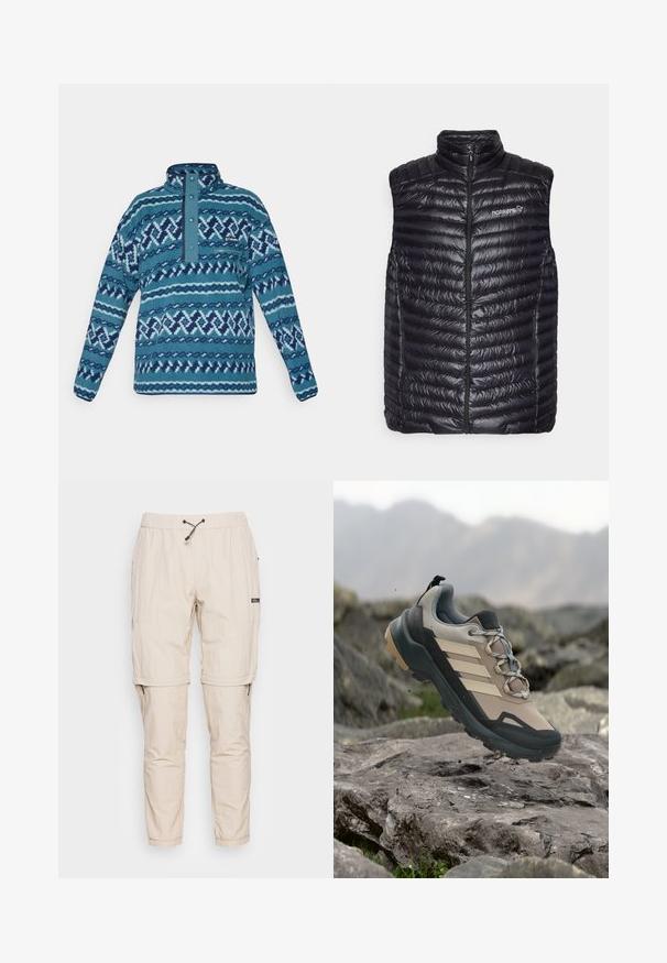 Norrøna TROLLVEGGEN SUPER LIGHT VEST - Γιλέκο - caviar black; Μπλε φλις πουλόβερ με σχέδιο, με κουμπωτή μπροστινή τσέπη με φερμουάρ και μακριά μανίκια, κατάλληλο για κρύο καιρό.; Μπεζ, ελαφριά παντελόνια τζόγκινγκ φτιαγμένα από λείο ύφασμα, με ελαστική μέση, ρυθμιζόμενο κορδόνι και τσέπες με φερμουάρ στη πλευρά.; Μπεζ και γκρι πεζοπορικό παπούτσι με μαύρη σόλα και ρίγες, κρεμασμένο πάνω από πετρώδες έδαφος με θολό ορεινό φόντο.