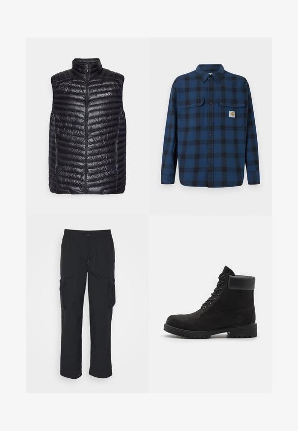 Norrøna TROLLVEGGEN SUPER LIGHT VEST - Vest - caviar black; Blå og sort ternet flannel skjorte med lange ærmer, en knappet front, to brystlommer og et mærke på den venstre lomme.; Sorte cargo-bukser lavet af vævet stof. Har justerbar talje, sidelommer og to værktøjslommer med lynlås.; Sorte snørebåndsstøvler til anklen med polstret krave og robust sål, vist i profil mod en hvid baggrund.