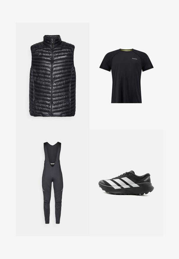 Norrøna TROLLVEGGEN SUPER LIGHT VEST - Vest - caviar black; Sort atletisk t-shirt med korte ærmer, rundt halsudskæring og raglan-sømme. Har en mesh inderside og et lille logo foran.; Vaude MENS MATERA WARM - Bib-leggings - black; Sort og hvid Adidas Terrex trail løbesko med tyk sål og mønstret ydersål, sidevisning på ensartet lys baggrund.