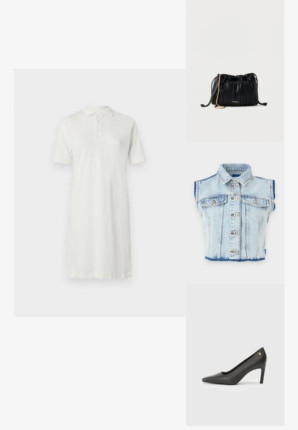 Veste en denim bleu clair sans manches avec des fermetures à boutons, deux poches poitrine à boutons et un col plié.; Robe polo blanche en coton, avec un col à revers, des manches courtes, une coupe droite et trois boutons à l'avant.; Escarpin haut à talon en cuir verni noir avec un bout pointu, mettant en avant un petit accent logo doré au niveau du talon. Texture lisse, design épuré.; Sac à main en cuir noir plissé avec cordon de serrage, bandoulière chaîne dorée et petit accent horizontal doré sur le devant.