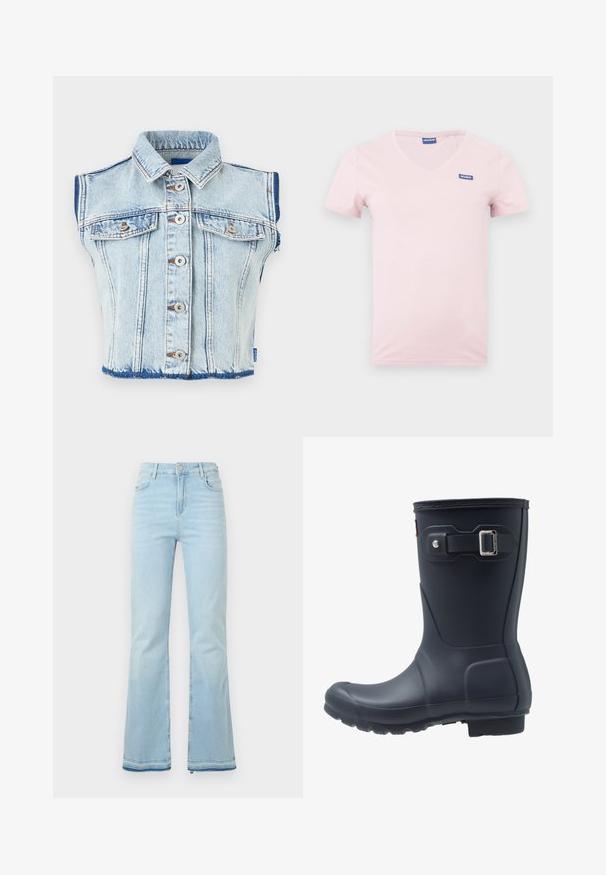 Lichtblauwe mouwloze spijkervest met knoopsluitingen, twee borstzakken met knopen en een opgevouwen kraag.; Roze katoenen T-shirt met een V-hals en korte mouwen, met een blauw "HUGO" logo op de linkerborst. Gladde textuur en eenvoudig ontwerp.; Lichtblauwe klokbroeken van denim, met een hoge taille, voorzakken en een ruwe zoom bij de boorden voor een casual uitstraling.; Zwarte rubberen regenlaars met een ronde neus, textuurzool en verstelbaar riempje. Gladde oppervlakte met een matte afwerking.