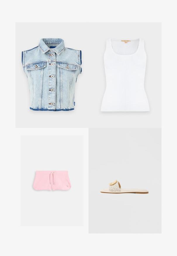 Lyseblå ærmeløs denimvest med knaplukning, to brystlommer med knapper og en opklappet krave.; Hvid ribstrikket ærmeløs tanktop med rund halsudskæring og tætsiddende silhuet.; Lyserøde shorts lavet af blød tekstil, med en snor med sølvspidser og et lille broderet logo i nederste højre hjørne.; Slidesandal med en beige rem med geometrisk mønster, en rundet gul detalje på overdelen og en flad, lys sål.