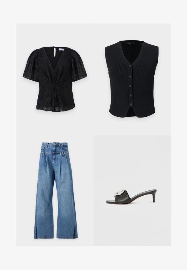 Mustassa ribbettyssä hihattomassa kardiganissa on V-pääntie ja viisi etupainiketta, hieman kaareva helma ja slim fit -muotoilu.; Hofmann Copenhagen ELLA - Pusero - black; Siniset, korkeavyötäröiset, leveälahkeiset farkut laskoksilla vyötärön alapuolella ja hienovaraisilla vaakasuorilla tikkauksilla reisien kohdalla, esillä yksivärisellä taustalla.; Musta nahkainen sandaali, jossa on neliskulmainen kärki ja keskikorkea korko. Koristemainen metallinen yksityiskohta remmissä. Sileä pinta.