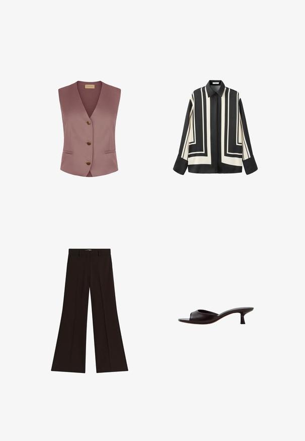 Veste mauve sans manches avec col en V, trois boutons bruns sur le devant et deux poches horizontales fendue.; Chemise noire à manches longues avec larges poignets, présentant de larges rayures géométriques blanches verticales et horizontales sur le devant et les manches.; Pantalons larges noirs taille haute avec passants de ceinture et poches latérales, posés à plat sur un fond blanc.; Sandale mule noire à bout ouvert avec un talon bas courbé et une tige en cuir lisse sur fond blanc.