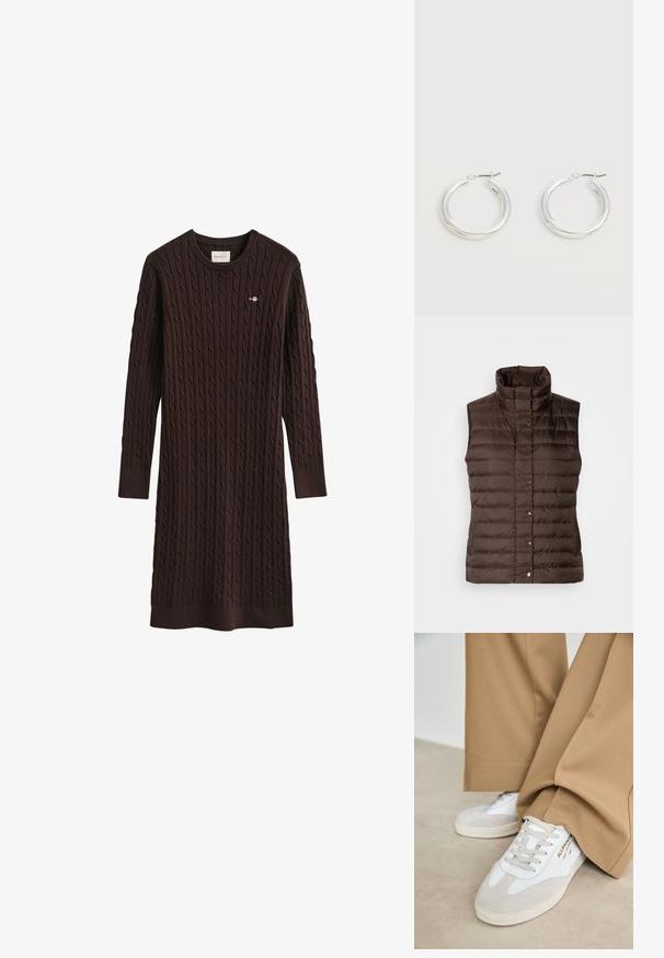 Braune gesteppte ärmellose Puffer-Weste mit hohem Kragen und vorderer Druckknopfverschluss, auf einem schlichten hellen Hintergrund präsentiert.; Dunkelbraunes Strickkleid mit langen Ärmeln und Zopfmuster, Rundhalsausschnitt und gerippten Bündchen, mit kleinem besticktem Logo auf der Brust.; Weiße Sneakers mit Wildlederakzenten, strukturierten Schnürsenkeln und einer Gummisohle. Kombiniert mit lockeren, sandfarbenen Hosen. Logo an der Seite angebracht.; Paar mittelgroße glänzende silberne Hoop-Ohrringe mit dünnen Metallverschlüssen auf hellem neutralem Hintergrund.
