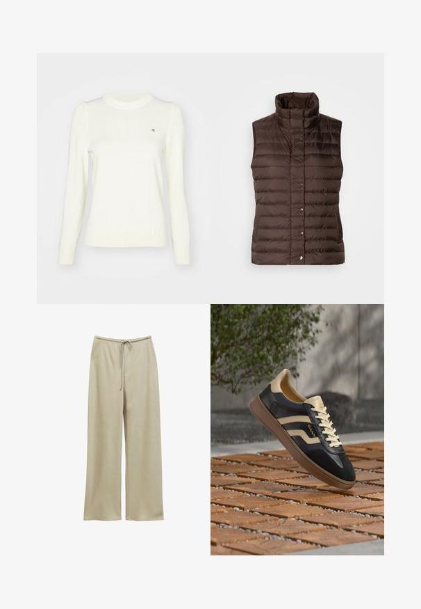 Brun, quiltet, ærmeløs puffer vest med høj krave og frontlukning med trykknapper, præsenteret på en enkel lys baggrund.; Lyscreme sweater, strikket tekstur, crew neck, lange ærmer, ribbede manchetter og søm. Diskret logodetalje på brystet.; Beige bukser med vide ben, elastisk talje og snøre, glat stof, ingen synlige lommer eller mønstre, vist fladt mod hvid baggrund.; Sort og beige lædersneaker med beige snørebånd og gummisål, vist oven på et trægulv med grønt miljø og en betonvæg i baggrunden.