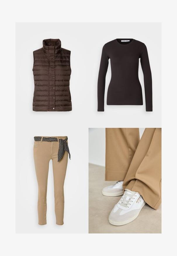 Gilet matelassé sans manches de couleur marron avec un col haut et une fermeture à bouton-pression à l'avant, présenté sur un fond clair.; Haut noir à manches longues en tissu doux et extensible. Il présente un col rond et une coupe ajustée avec une texture lisse et sans motifs visibles.; Jean skinny beige avec une ceinture à motif noir et un nœud assorti. Dispose de cinq poches et d'une texture douce en mélange de coton.; Baskets blanches avec des accents en daim, des lacets texturés et une semelle en caoutchouc. Associées à un pantalon beige ample. Logo affiché sur le côté.