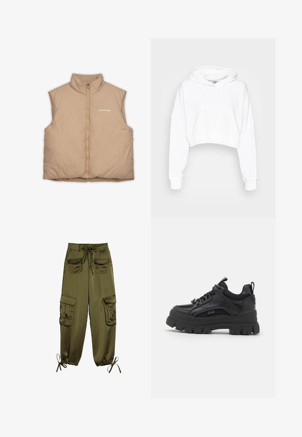 Beige ærmeløs vest med høj krave, lynlås og blød tekstur. Har et lille "PEGADOR" logo på forsiden. Letvægts og polstret.; adidas Originals CROPPED HOODIE - Sweatshirt - white; Olivenfarvede cargo bukser lavet af glat stof, med to frontlommer, justerbar talje bånd og elastiske manchetter med snore ved anklerne.; Sorte sneakers med en kraftig sål, der har en blanding af læder og mesh, rund tå og teksturerede detaljer. Snørebåndsdesign og strop bagpå.