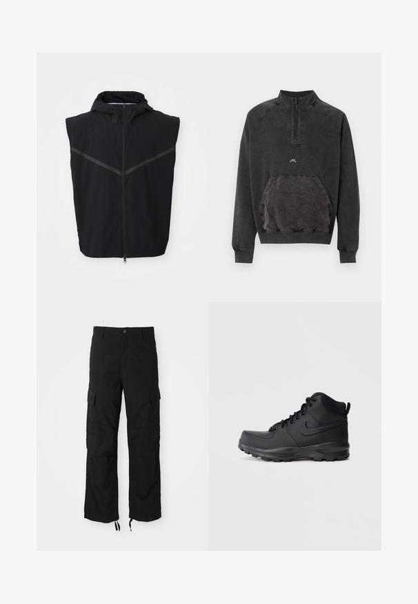 Schwarze ärmellose Weste mit Kapuze. Verfügt über einen Frontreißverschluss und reflektierende Streifen im Brustbereich. Hergestellt aus leichtem Material.; Schwarzes Sweatshirt mit halbem Reißverschluss, Kängurutasche, gerippten Bündchen und Saum sowie kleinem "A C W" Logo auf der Brust.; Schwarze Cargo-Hosen aus strapazierfähigem Material, mit zwei Seitentaschen, einem Knopfverschluss und verstellbaren Säumen für eine lockere, relaxten Passform.; Schwarze High-Top-Sneaker mit einem glatten synthetischen Obermaterial, runder Zehenpartie, gepolstertem Schaft und strukturiertem Gummisohle. Verfügt über ein Schnürdesign und ein Logo-Element.
