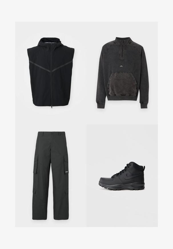 Sort ærmeløs vest med hætte. Har en frontlynlås og reflekterende striber hen over brystområdet. Lavet af letvægtsstof.; Sort sweatshirts med halv lynlås, kængurulomme, ribstrikkede manchetter og kant samt lille "A C W" logo på brystet.; Sorte straight-leg cargo bukser med sidelommer med klap, knaplukning, bæltestropper og et lille hvidt logo på klappen af højre lomme.; Sort high-top sneakers med en glat syntetisk overdel, rund tå, polstret krave og tekstureret gummisål. Har snørebåndsdesign og logoaccent.